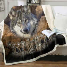 Thick Wolf Sherpa Fleece Blanket Native Warm Wolf Cozy Blanket for Bed Couch