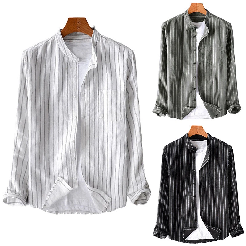 Camisa de vestir informal sin cuello a rayas retro de manga larga para hombre abuelo Foto 2 de 4