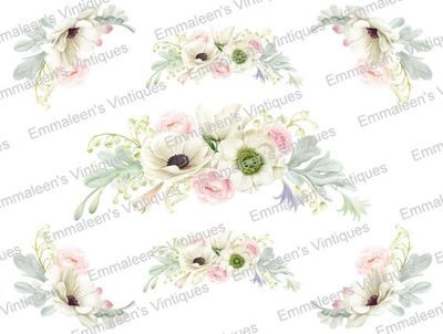 Shabby White Pastel Anemone Cabbage Roses Flowers Swag Waterslide Decals FL413