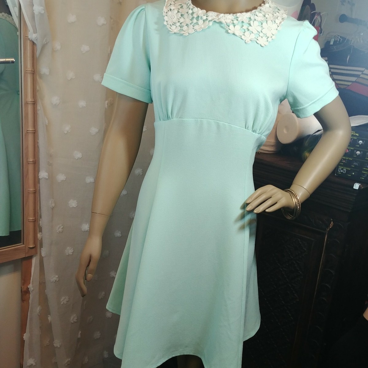 Hell Bunny Mint Pinup Vintage Style Peter Pan Collar Retro Dress Size Large