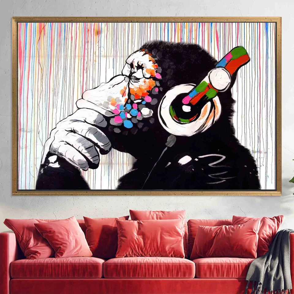 Banksy DJ Monkey, colorido arte de pared en lienzo chimpancé, Banksy Thinking Monkey, Painti Foto 4 de 4