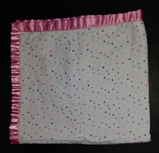 Just Born Pink White Polka Dot Baby Blanket Brown Green Purple Satin Trim Flower