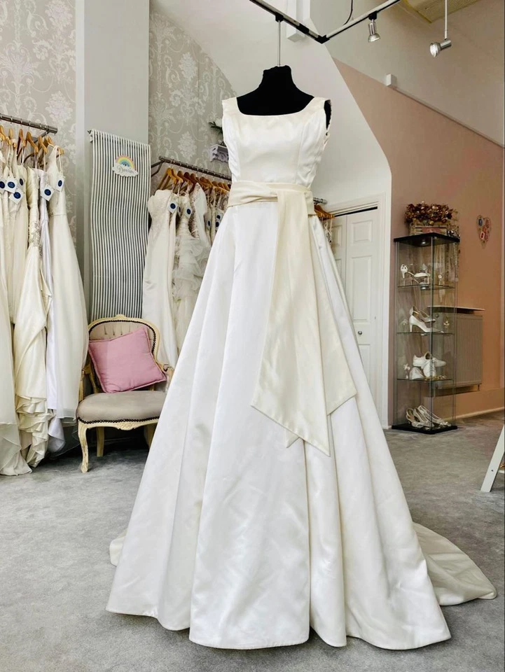 Wedding Dresses with Belt Square Neck Off Shoulder White Ivory Satin Bridal Gown - Image 3 of 4