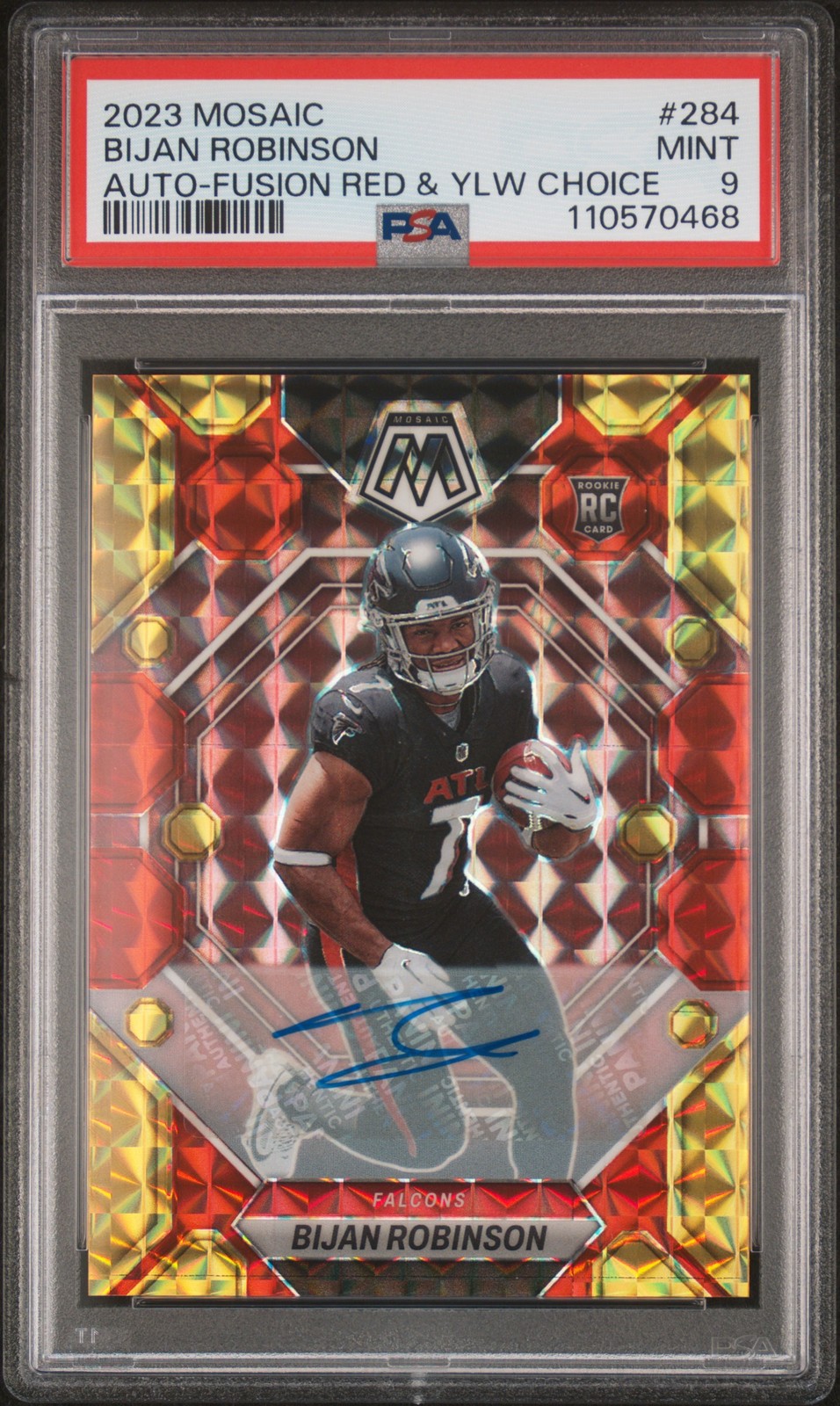 2023 PANINI MOSAIC AUTO-FUSION RED & YELLOW CHOICE #284 BIJAN ROBINSON PSA 9