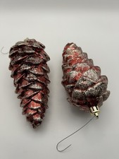 Vtg Lot of 2 Pinecone Plastic Christmas Ornaments Red with Gold Highlights