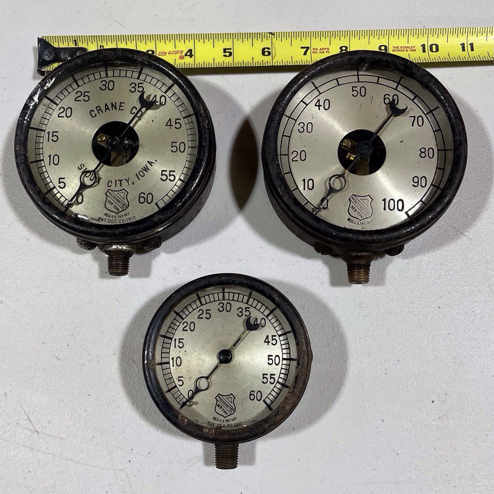 Vintage Ashcroft Gauges Pat. 1910 Tested Working Lot Of 3