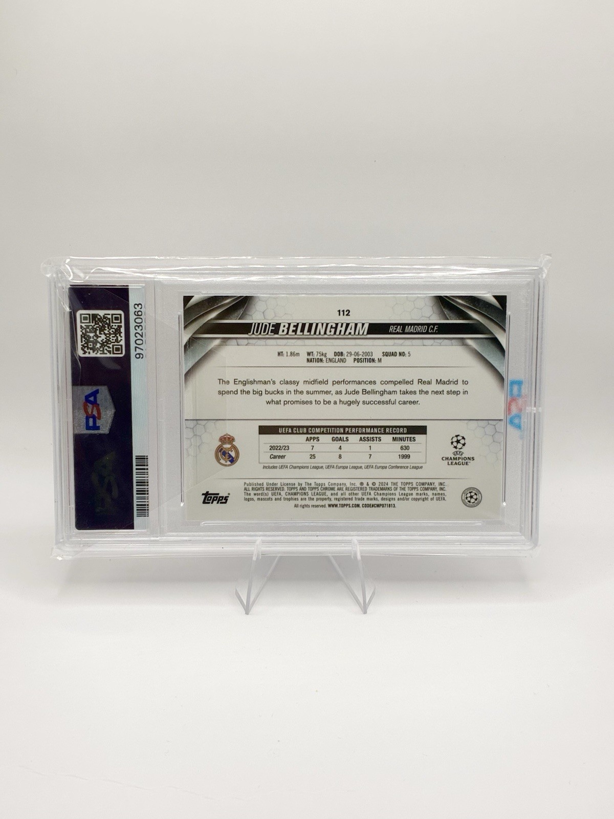 Topps 2023-24 Chrome UCC Jude Bellingham #112 Violet Speckle /299 PSA 10 view 2