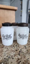 Hazel Atlas Milk Glass Beehive Flour & Sugar Shakers Black Lettering Vintage 