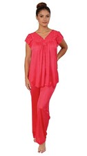 Shadowline Women's Pajama Set Red Nylon Lightweight Sleepwear Lace Cap Sleeves