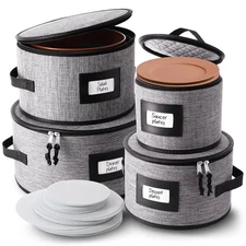 Grey Fine China Plate Storage Containers Set Of 4 With Padded Dividers