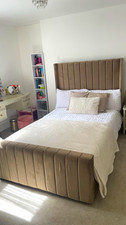 Small Double (4ft) Fabric Bed Frame in Mink Plush. Full Memory Mattress.
