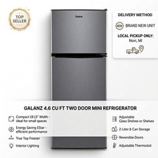 Galanz 4.6. Cu ft Two Door Mini Refrigerator with Freezer, Stainless Steel, New