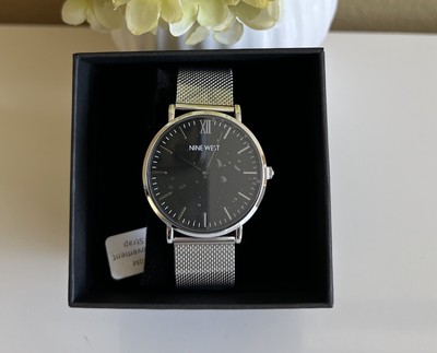 Nine West Mens Asher Watch NWW1620M Stainless Mesh Band Black Face