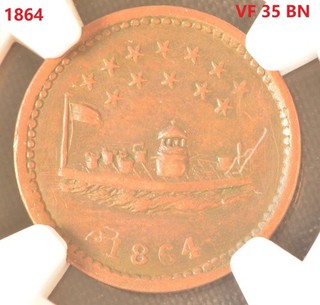 1864 USA CIVIL WAR Copper TOKEN F 241/336 a OUR NAVY NGC VF 35 BN