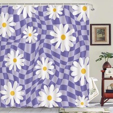 Purple Checkered Floral Vintage 70s Shower Curtain Hippie Colorful Groovy Min...