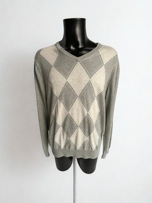Tommy Hilfiger Argyle Pullover Pulli Baumwolle Grau Raute Gr. XL V-Ausschnitt Golf
