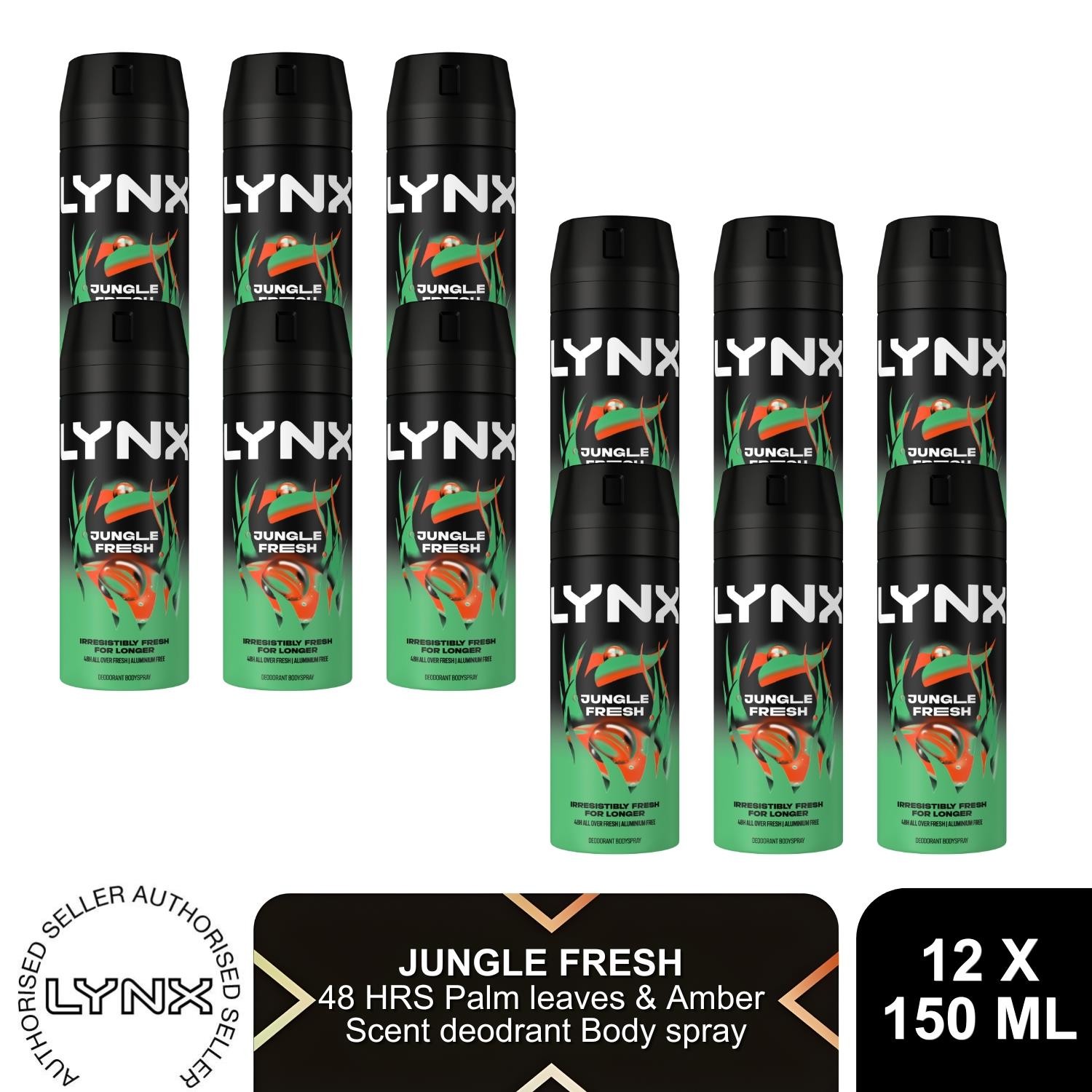 Lynx Jungle Fresh Body Spray 150ml 12 Pack Mens Deodorant 48H Palm & Amber Scent