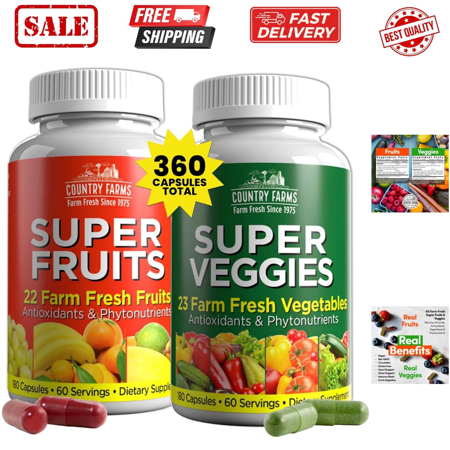 Fruits and Vegetables Supplement, 180 Fruit and 180 Veggie Capsules, Greens a...