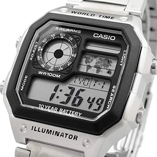 Casio AE-1200WHD-1AV Hombre Digital Hora Mundial Reloj Plata Metal Banda Nuevo