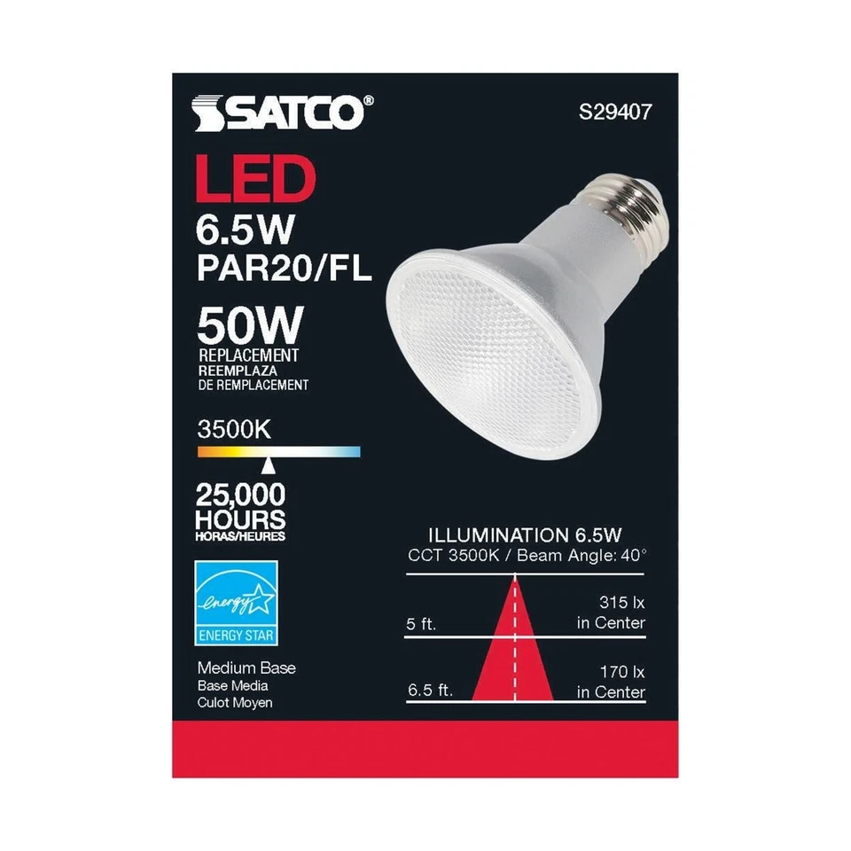 SATCO S29407 - 6.5 Watt PAR20 LED Bulbs - 3500K - 40 deg. Beam Angle (6 Pack) - Image 2 of 4