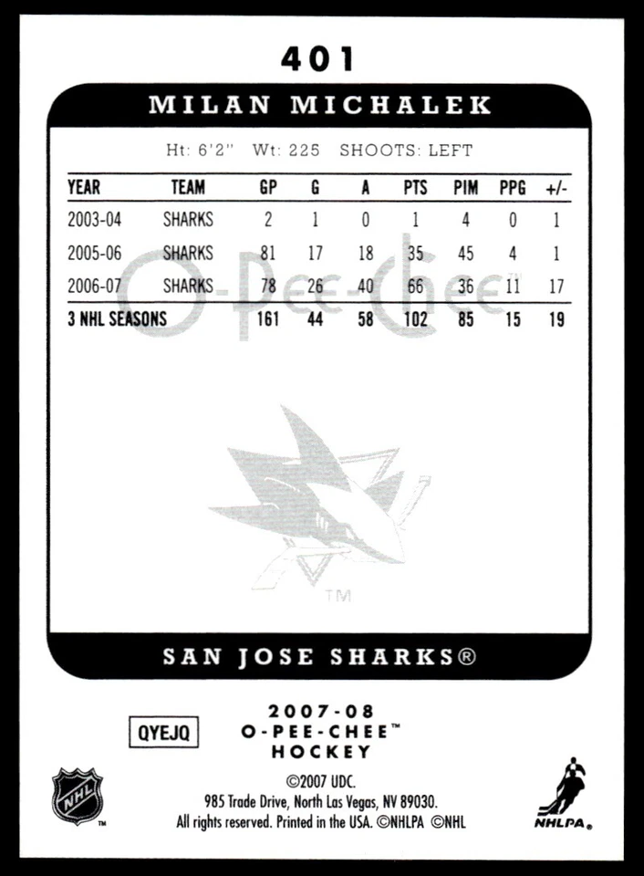 2007-08 O-Pee-Chee MICROMOTION Milan Michalek San Jose Sharks #401 R83 - Image 2 of 2