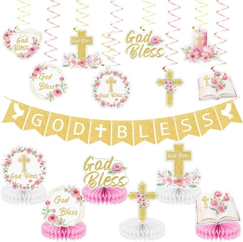 Baptism Party Decorations God Bless Banner First Communion Hanging Swirls 15Pcs