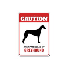 Patrolled By Greyhound Caution Metal Sign Dog Kennel Pet Breed Canine K9 Paw