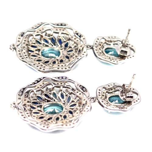 925 Sterling Silver Sea Foam Blue - White Zircon & Blue Sapphire Earrings - Picture 3 of 4