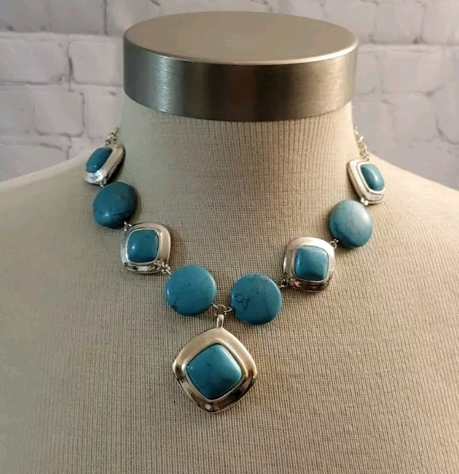 Faux Turquoise Silvertone Statement Necklace 18" … - image 1