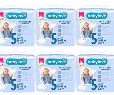 6 x 36 Windeln | babylove Windeln Premium Größe 5 Junior 10 - 16 kg Tag & Nacht