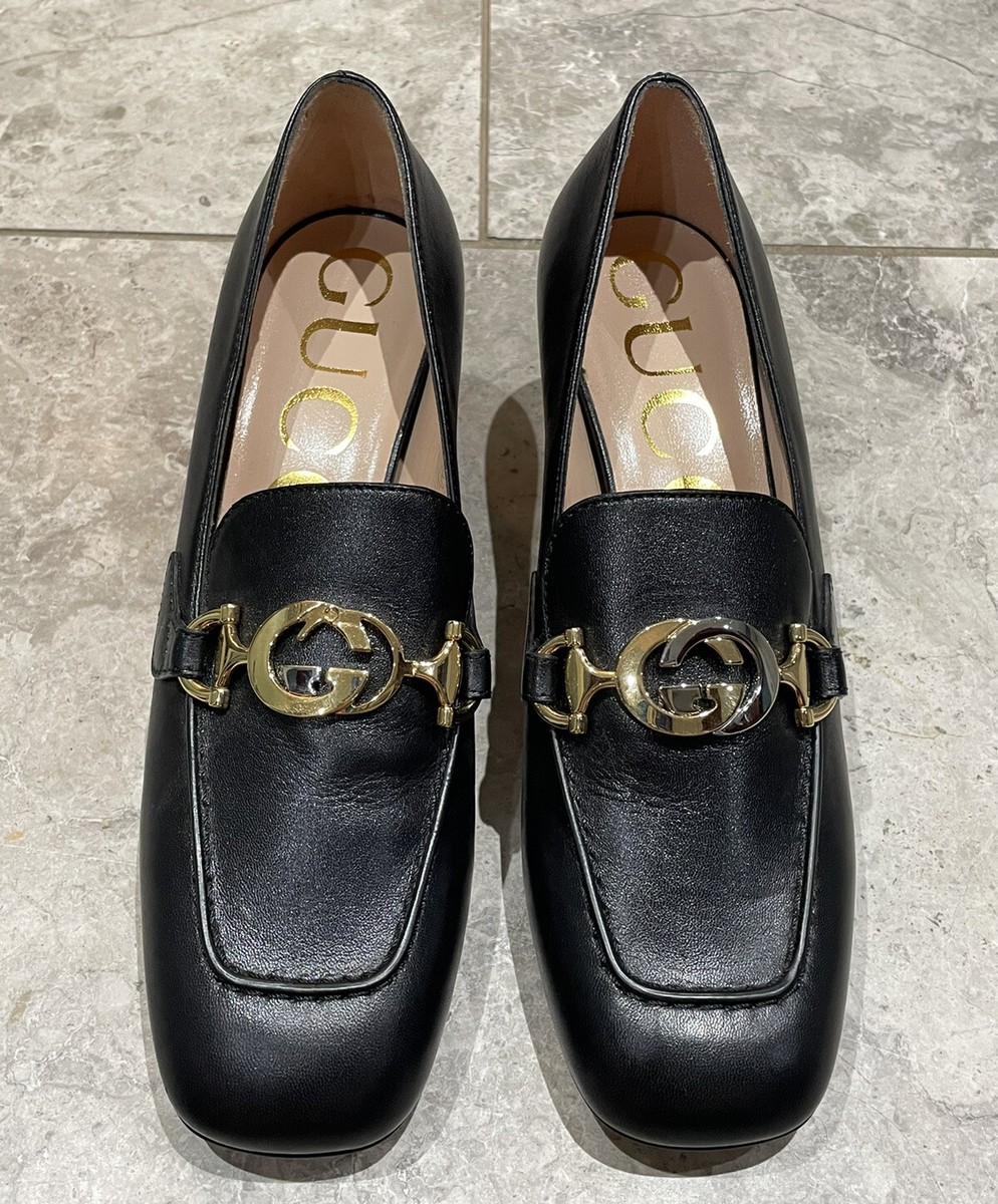 GUCCI Women's Zumi GG Logo Bit Leather Heeled Loafer Pumps Black