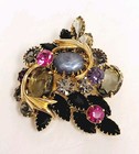 Vintage Alice Caviness Black Gray Fuschia Pink Rhinestone Faux Pearl Brooch