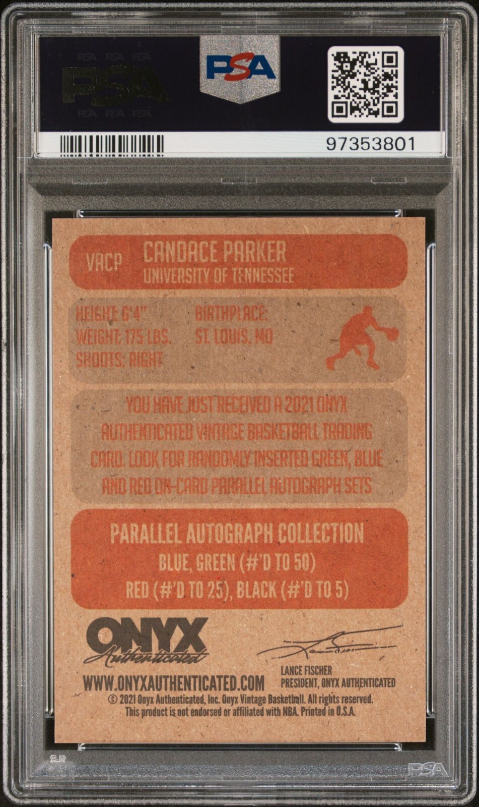 2021 Onyx WNBA Basketball AUTO Red Ink /25 CANDACE PARKER Aces PSA 10 Authentic view 2