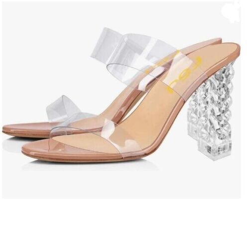 FSJ Nude Clear Double Strap Mules Slip On Open Toe Transparent High Heel Sandals