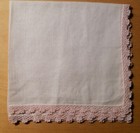 Vtg/Antique Linen Handkerchief Pink Hand Crochet Lace 11 3/4" x 12 1/2"