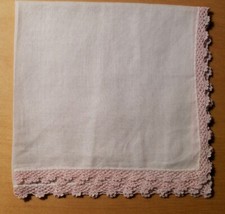 Vtg/Antique Linen Handkerchief Pink Hand Crochet Lace 11 3/4" x 12 1/2"