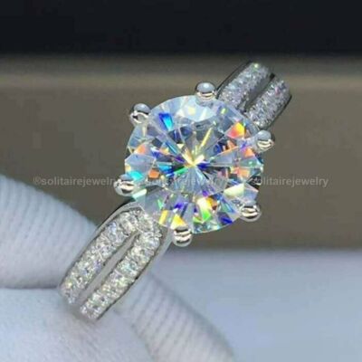 14K White Gold Moissanite Solitaire Engagement Ring 2.50 Ct Round Cut Size 6.5