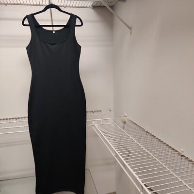 Black Bodycon Midi Dress Sleeveless Scoop Neck Minimalist Tank Fitted Size Large