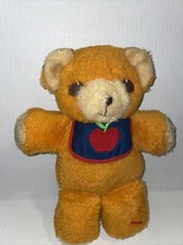 Vintage 1975 Fisher Price 11" Orange Freddy Teddy Bear Squeaker Apple Bib Bin 4