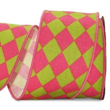 30 Foot Spool Whimsical Pink Green Jester Harlequin Wired Ribbon 2 1/2"W
