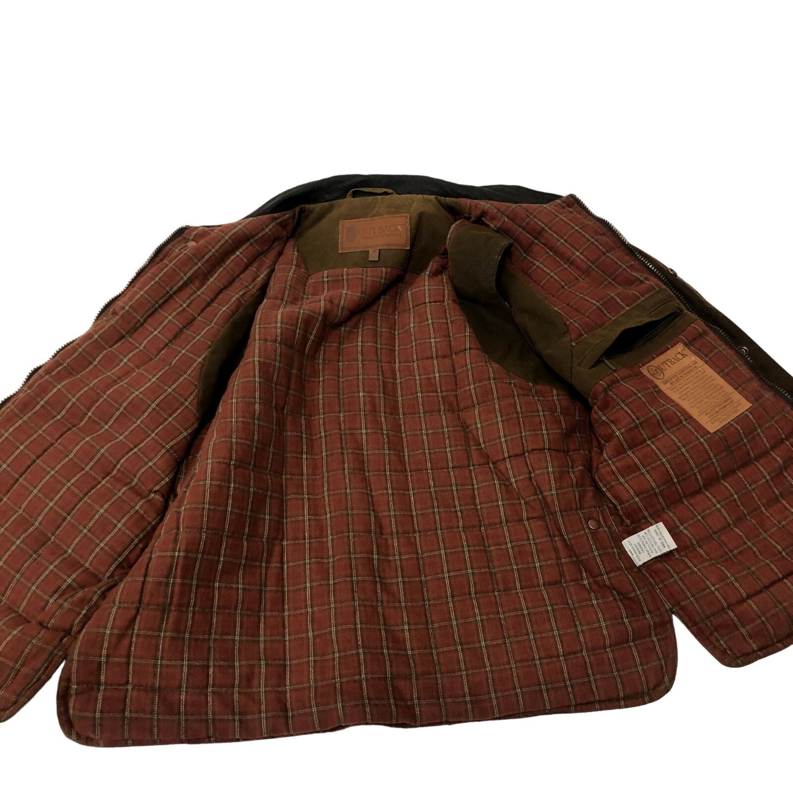 Outback Men Overlander Brown OILSKIN Vest Leather Collar FLANNEL Lined