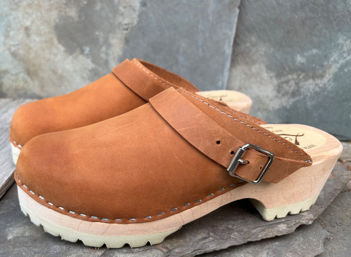 LOTTA'S (39/8) Tan Nubuck Leather Slip-On Clog Shoe Sweden Strap