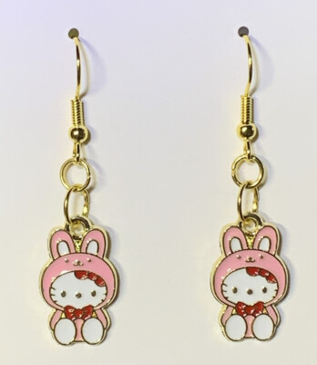 Gold Hello Kitty Pink Rabbit Drop Dangle Earrings!!