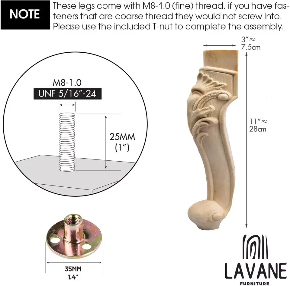 10 Inch / 25Cm Wooden Furniture Legs, Set of 4 European Style Solid Wood Carving - Image 4 of 4