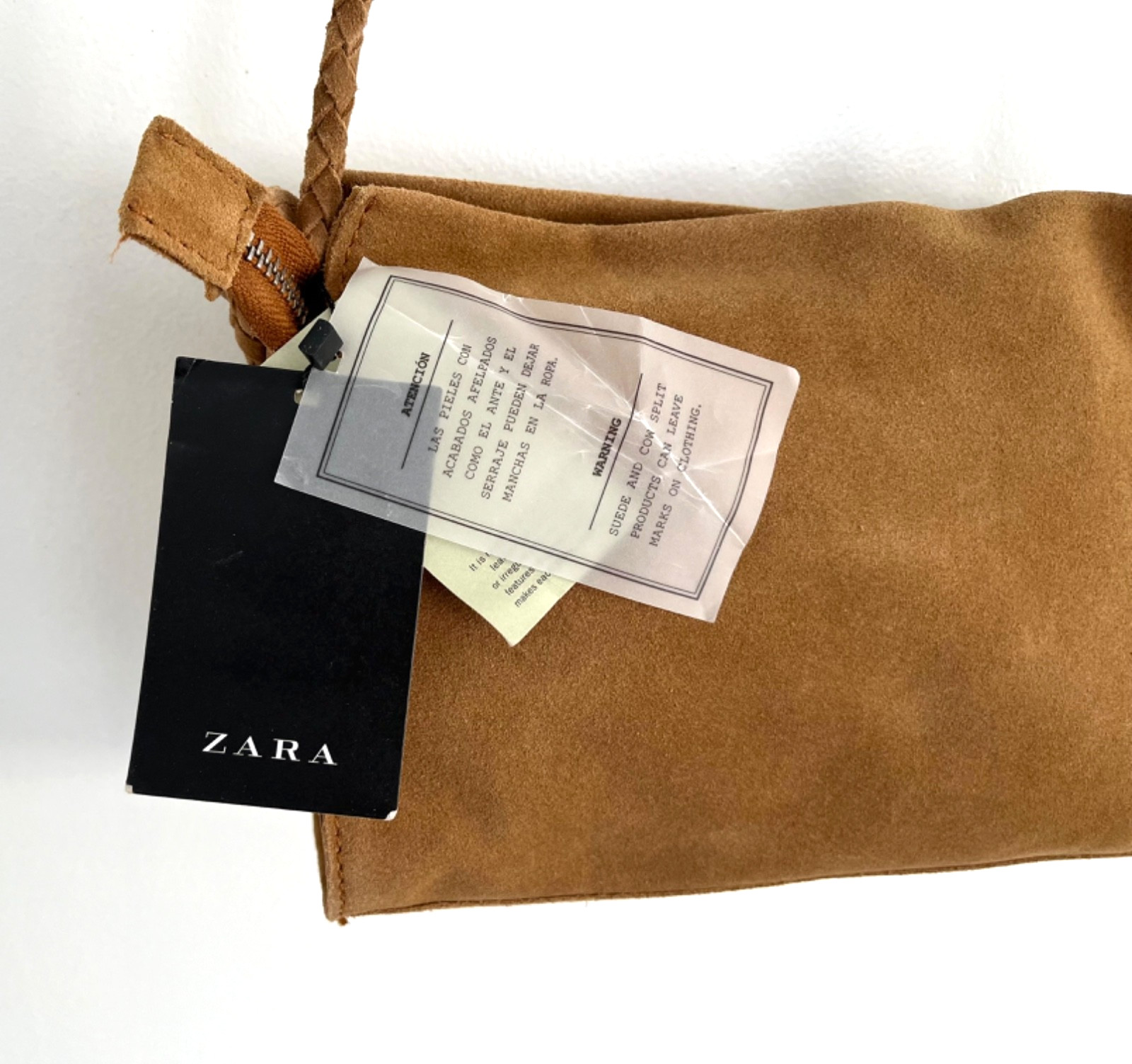 NWT ZARA 100% Leather  Suede Bag in Brown Camel Size 9" (W) x 6.5" (H) x 3" (D) thumbnail 5