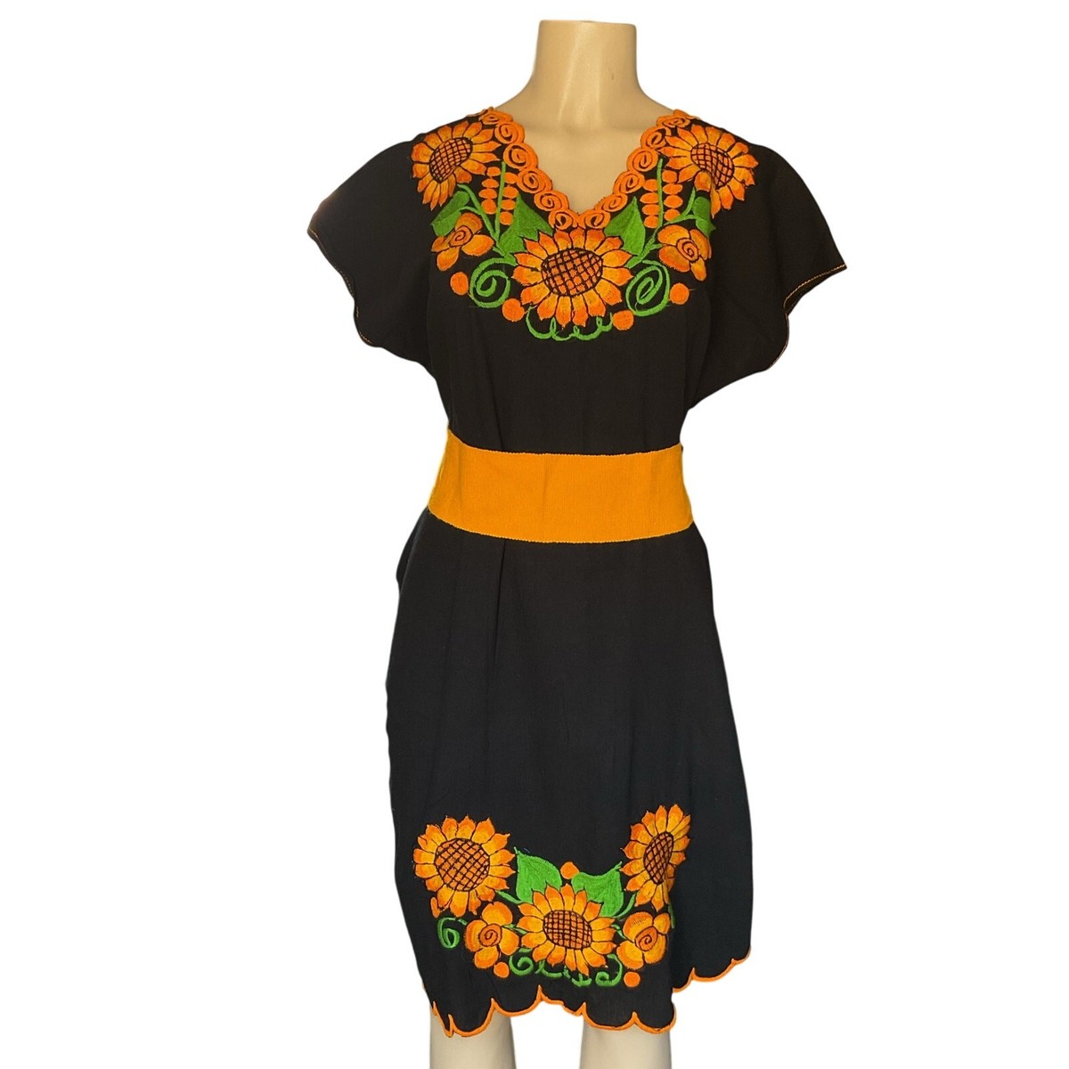 Mexican Embroidered Artisan Dress Black Sunflowers with Belt Handmade Mexican Embroidered Artisan Dress Black Sunflowers with Belt Handmade