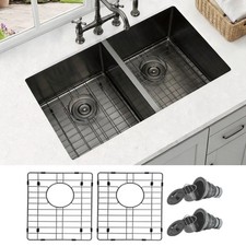 32" Black Undermount Kitchen Sink, 50/50 Double Bowl Stainless Steel Sink 32x19