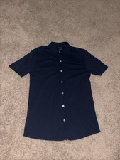 Shaghai Tang Mens Cotton Short Sleeve Button Up Mandarin Shirt Navy Blue Large