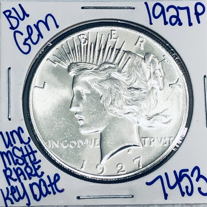 1927 P BU UNCIRCULATED SILVER PEACE DOLLAR AUTHENTIC U.S.MINT COIN KEY DATE 7453