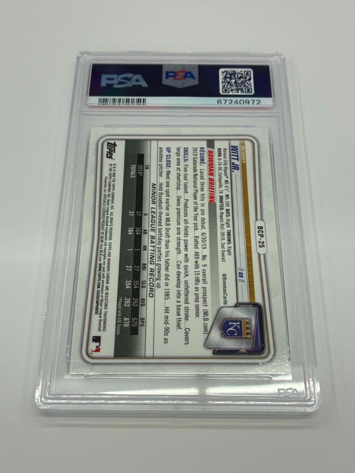 2020 Bowman Chrome Prospects #BCP25 Bobby Witt Jr. 1st Bowman PSA 10 67240972 view 2